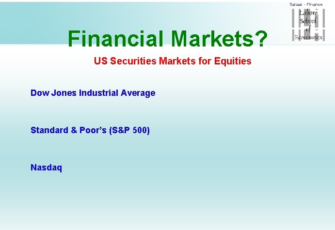 Salaar - Finance Financial Markets? US Securities Markets for Equities Dow Jones Industrial Average