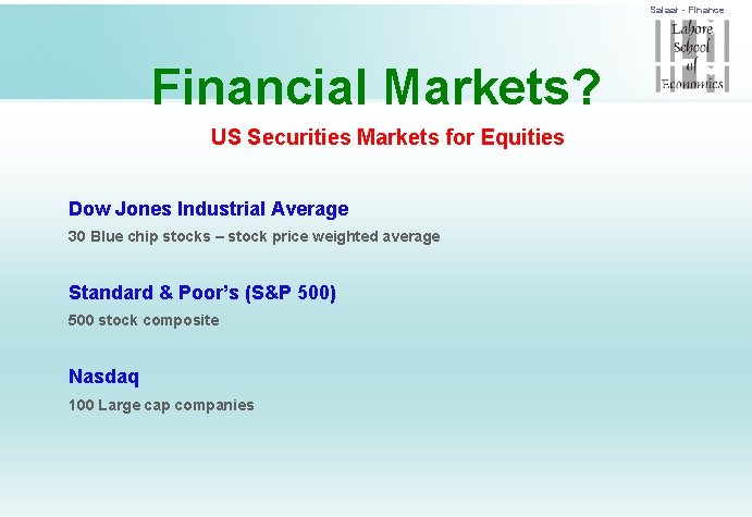 Salaar - Finance Financial Markets? US Securities Markets for Equities Dow Jones Industrial Average