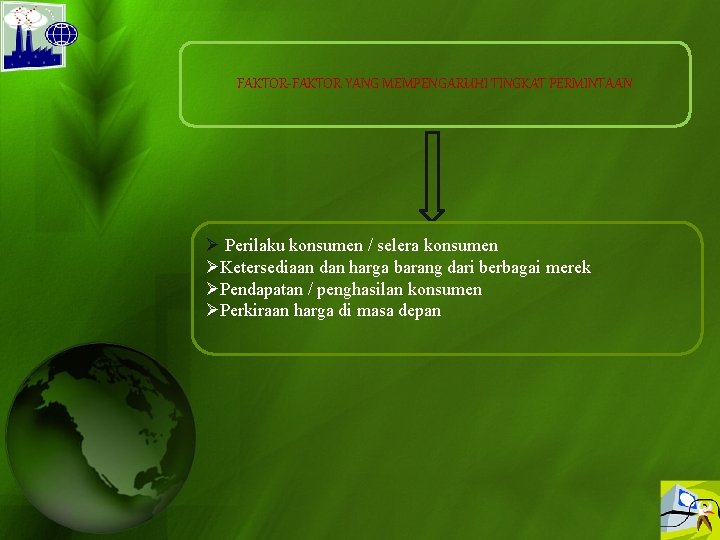 FAKTOR-FAKTOR YANG MEMPENGARUHI TINGKAT PERMINTAAN Ø Perilaku konsumen / selera konsumen ØKetersediaan dan harga