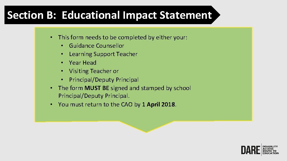 Section B: Educational Impact Statement • This form needs to be completed by either