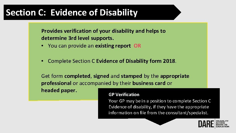 Section C: Evidence of Disability Provides verification of your disability and helps to determine