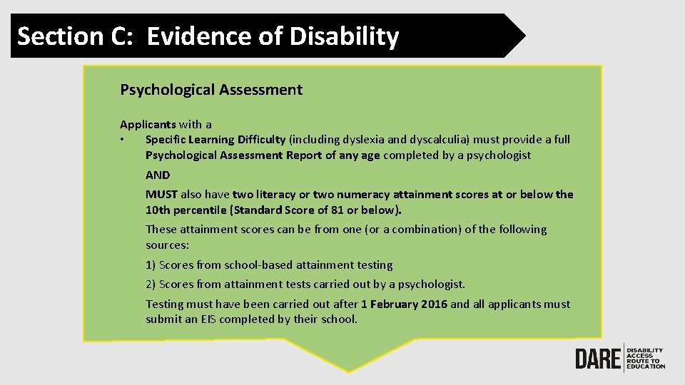 Section C: Evidence of Disability Psychological Assessment Applicants with a • Specific Learning Difficulty