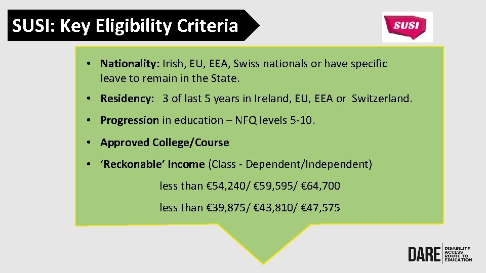 SUSI: Key Eligibility Criteria • Nationality: Irish, EU, EEA, Swiss nationals or have specific
