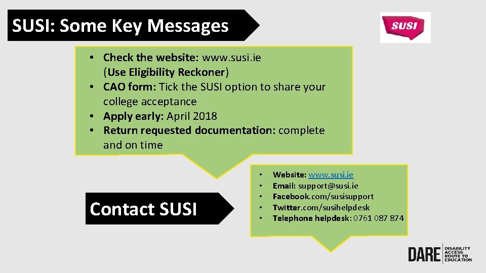 SUSI: Some Key Messages • Check the website: www. susi. ie (Use Eligibility Reckoner)