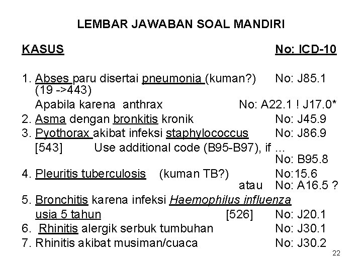 LEMBAR JAWABAN SOAL MANDIRI KASUS No: ICD-10 1. Abses paru disertai pneumonia (kuman? )