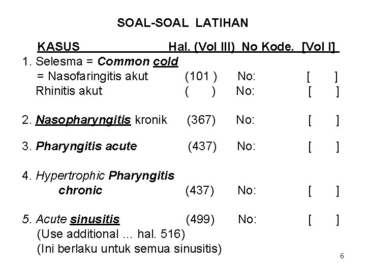 SOAL-SOAL LATIHAN KASUS Hal. (Vol III) No Kode. [Vol I] 1. Selesma = Common