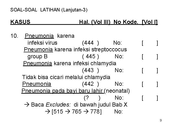 SOAL-SOAL LATIHAN (Lanjutan-3) KASUS Hal. (Vol III) No Kode. [Vol I] 10. Pneumonia karena