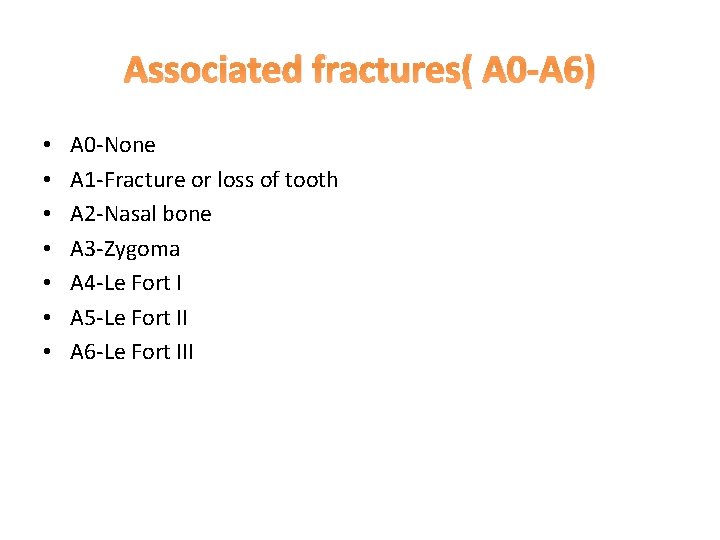 Associated fractures( A 0 -A 6) • • A 0 -None A 1 -Fracture Associated fractures( A 0 -A 6) • • A 0 -None A 1 -Fracture