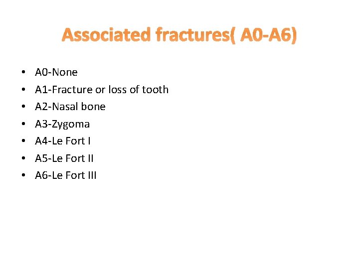 Associated fractures( A 0 -A 6) • • A 0 -None A 1 -Fracture