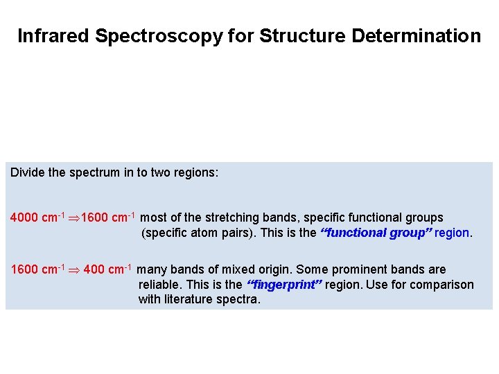 Infrared Spectroscopy for Structure Determination Divide the spectrum in to two regions: 4000 cm-1