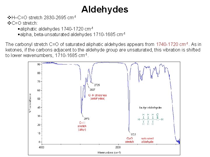 Aldehydes v. H–C=O stretch 2830 -2695 cm-1 v. C=O stretch: §aliphatic aldehydes 1740 -1720