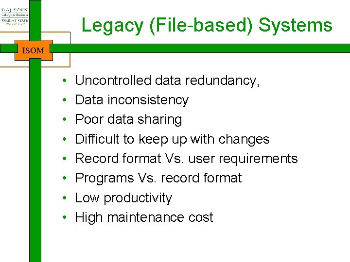 Legacy (File-based) Systems ISOM • • Uncontrolled data redundancy, Data inconsistency Poor data sharing