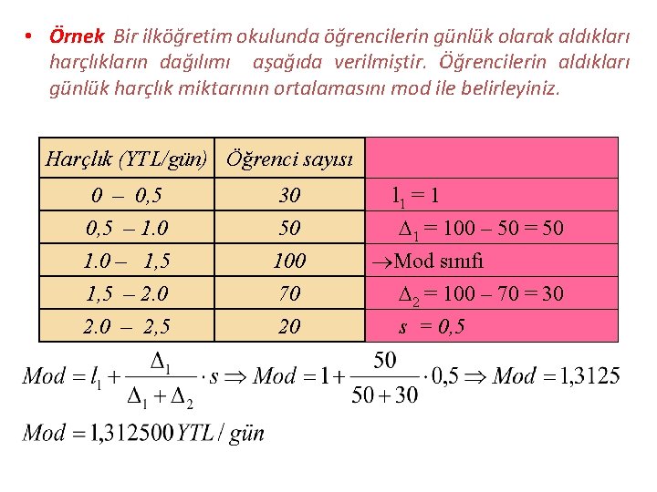  • Örnek Bir ilköğretim okulunda öğrencilerin günlük olarak aldıkları harçlıkların dağılımı aşağıda verilmiştir.