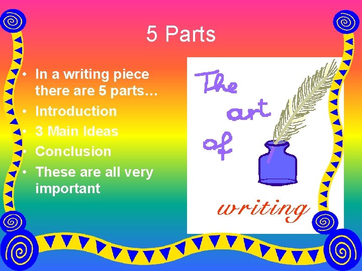 5 Parts • In a writing piece there are 5 parts… • Introduction •