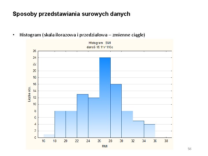 Sposoby przedstawiania surowych danych • Histogram (skala ilorazowa i przedziałowa – zmienne ciągłe) 56