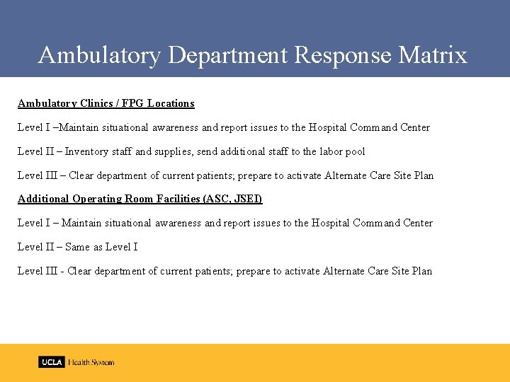 Ambulatory Department Response Matrix Ambulatory Clinics / FPG Locations Level I –Maintain situational awareness