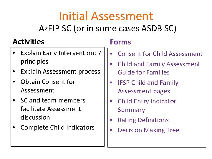 Initial Assessment Az. EIP SC (or in some cases ASDB SC) Activities Forms •