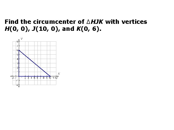 Find the circumcenter of ∆HJK with vertices H(0, 0), J(10, 0), and K(0, 6).