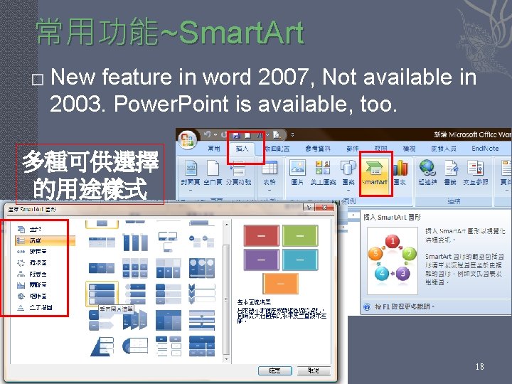 常用功能~Smart. Art � New feature in word 2007, Not available in 2003. Power. Point