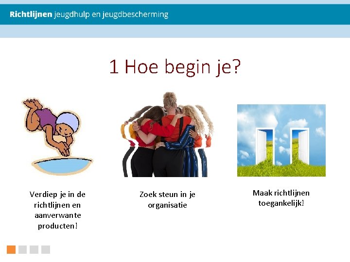 1 Hoe begin je? Verdiep je in de richtlijnen en aanverwante producten! Zoek steun
