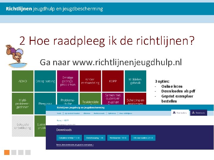 2 Hoe raadpleeg ik de richtlijnen? Ga naar www. richtlijnenjeugdhulp. nl 3 opties: -