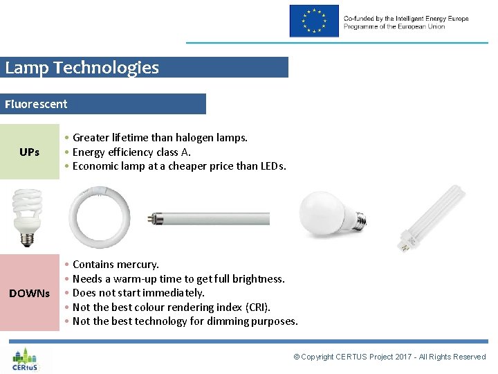 Lamp Technologies Fluorescent UPs DOWNs • Greater lifetime than halogen lamps. • Energy efficiency