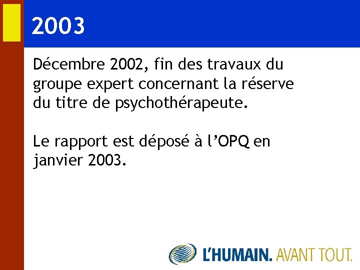 2003 Décembre 2002, fin des travaux du groupe expert concernant la réserve du titre