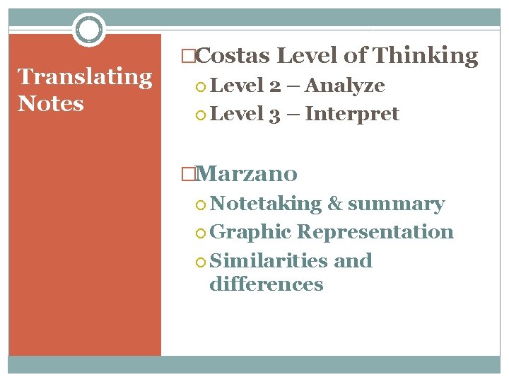 Translating Notes �Costas Level of Thinking Level 2 – Analyze Level 3 – Interpret