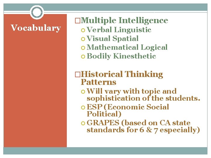 Vocabulary �Multiple Intelligence Verbal Linguistic Visual Spatial Mathematical Logical Bodily Kinesthetic �Historical Thinking Patterns
