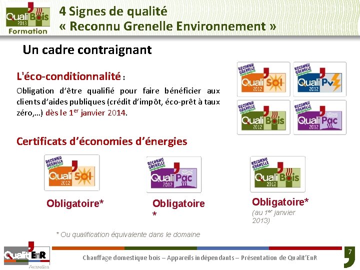 4 Signes de qualité « Reconnu Grenelle Environnement » Un cadre contraignant L'éco-conditionnalité :