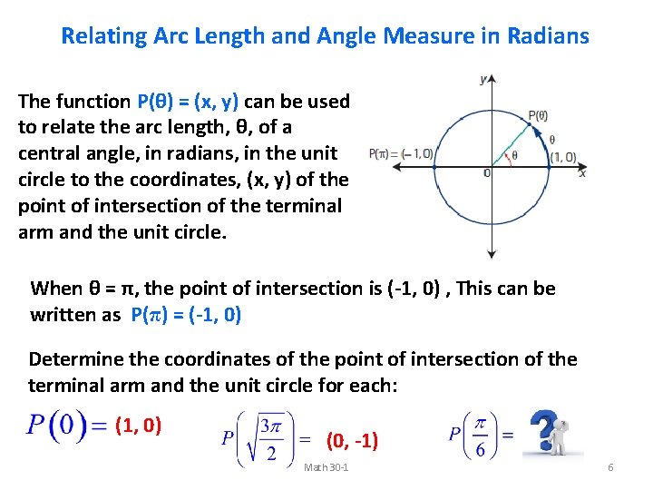 Relating Arc Length and Angle Measure in Radians The function P(θ) = (x, y)