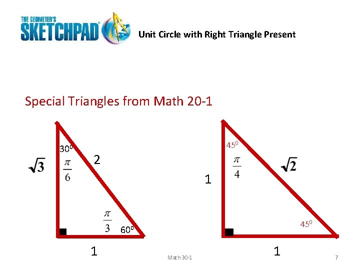 Unit Circle with Right Triangle Present Special Triangles from Math 20 -1 300 450