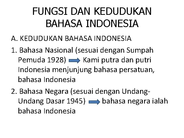 FUNGSI DAN KEDUDUKAN BAHASA INDONESIA A. KEDUDUKAN BAHASA INDONESIA 1. Bahasa Nasional (sesuai dengan