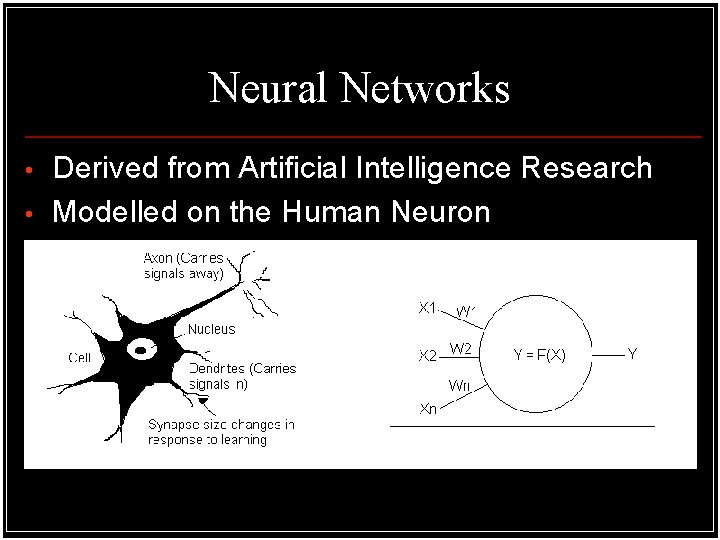Neural Networks • • Derived from Artificial Intelligence Research Modelled on the Human Neuron Neural Networks • • Derived from Artificial Intelligence Research Modelled on the Human Neuron