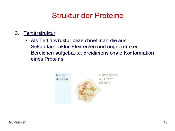 Struktur der Proteine 3. Tertiärstruktur: • Als Tertiärstruktur bezeichnet man die aus Sekundärstruktur-Elementen und