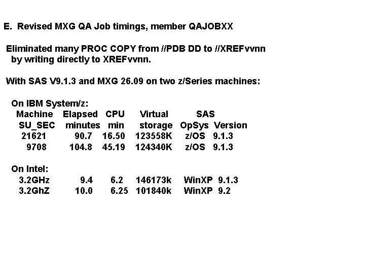E. Revised MXG QA Job timings, member QAJOBXX Eliminated many PROC COPY from //PDB