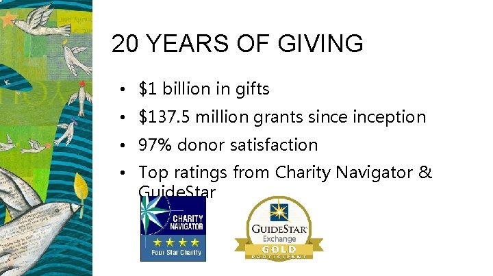 20 YEARS OF GIVING • $1 billion in gifts • $137. 5 million grants