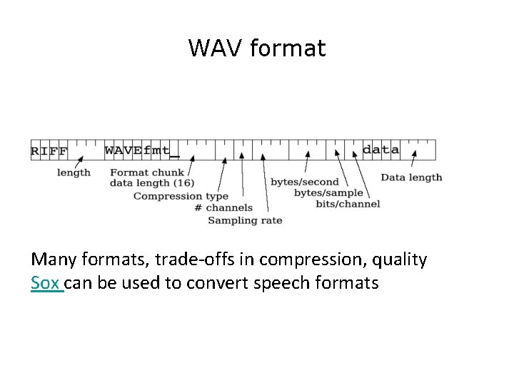 WAV format Many formats, trade-offs in compression, quality Sox can be used to convert