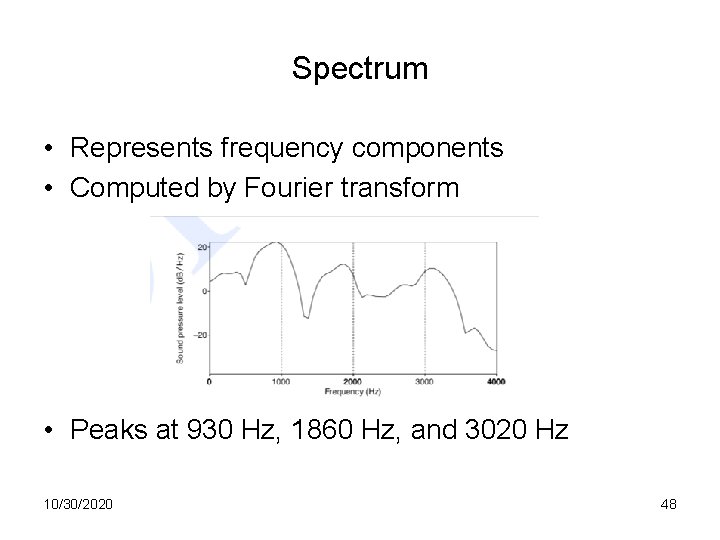 Spectrum • Represents frequency components • Computed by Fourier transform • Peaks at 930