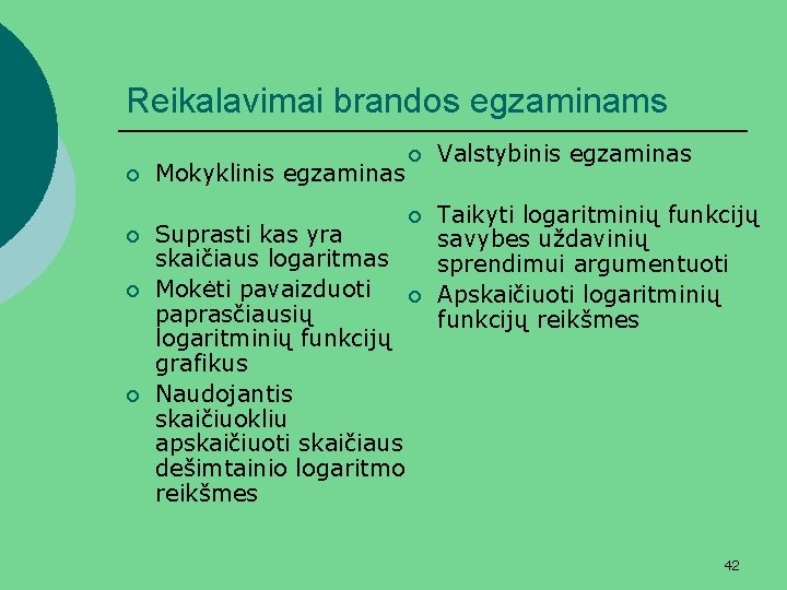 Reikalavimai brandos egzaminams ¡ ¡ Mokyklinis egzaminas ¡ Valstybinis egzaminas ¡ Taikyti logaritminių funkcijų