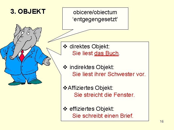 3. OBJEKT obicere/obiectum ‘entgegengesetzt’ v direktes Objekt: Sie liest das Buch. v indirektes Objekt: