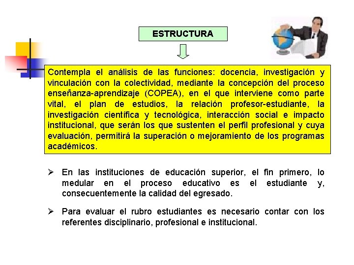 ESTRUCTURA Contempla el análisis de las funciones: docencia, investigación y vinculación con la colectividad,