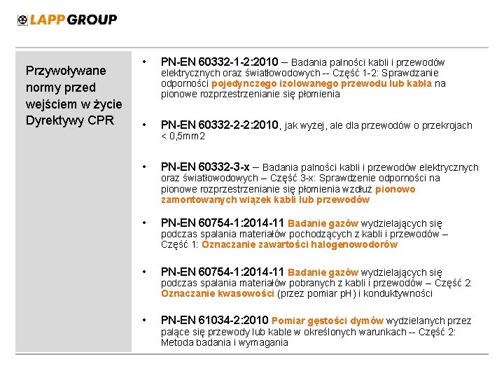 Przywoływane normy przed wejściem w życie Dyrektywy CPR • PN-EN 60332 -1 -2: 2010