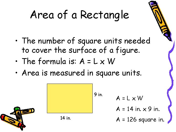 Area of a Rectangle • The number of square units needed to cover the
