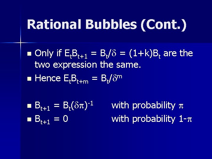 Rational Bubbles (Cont. ) Only if Et. Bt+1 = Bt/d = (1+k)Bt are the