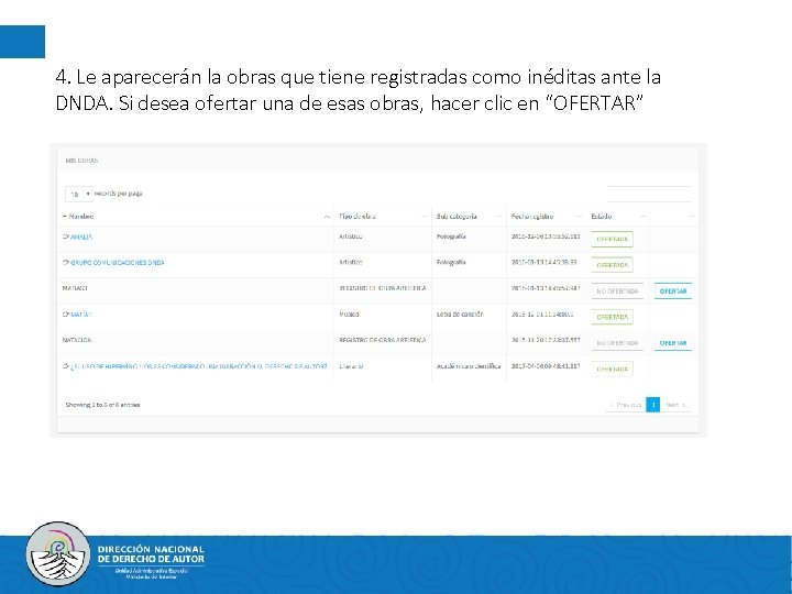 4. Le aparecerán la obras que tiene registradas como inéditas ante la DNDA. Si