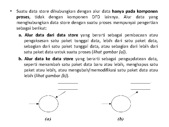 • Suatu data store dihubungkan dengan alur data hanya pada komponen proses, tidak • Suatu data store dihubungkan dengan alur data hanya pada komponen proses, tidak