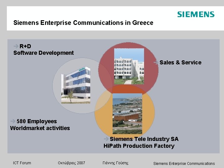 Siemens Enterprise Communications in Greece èR+D Software Development èSales & Service è 580 Employees