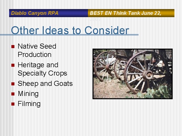 Diablo Canyon RPA BEST EN Think Tank June 22, 2007 Other Ideas to Consider Diablo Canyon RPA BEST EN Think Tank June 22, 2007 Other Ideas to Consider