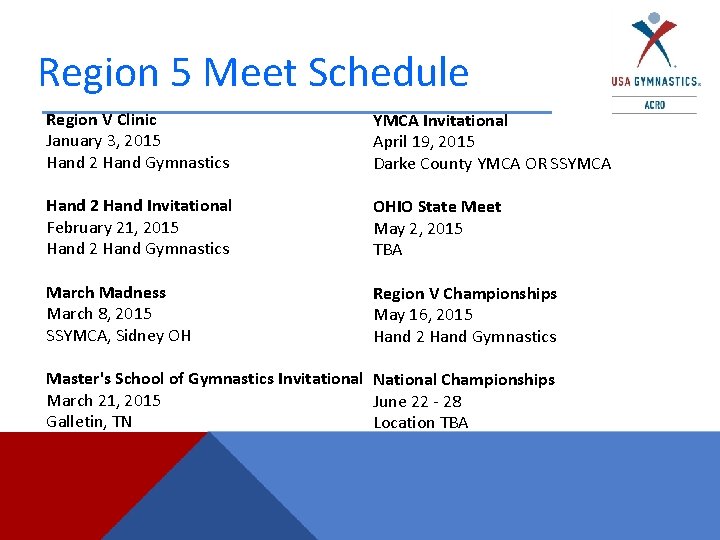 Region 5 Meet Schedule Region V Clinic January 3, 2015 Hand 2 Hand Gymnastics